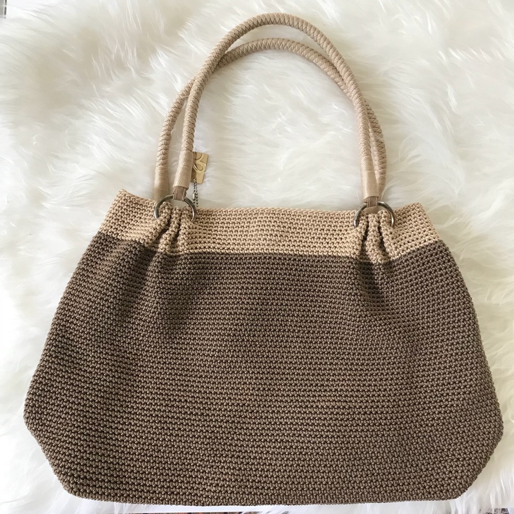 Lina Crocheted Woven Fabric Handbag Brown Tan